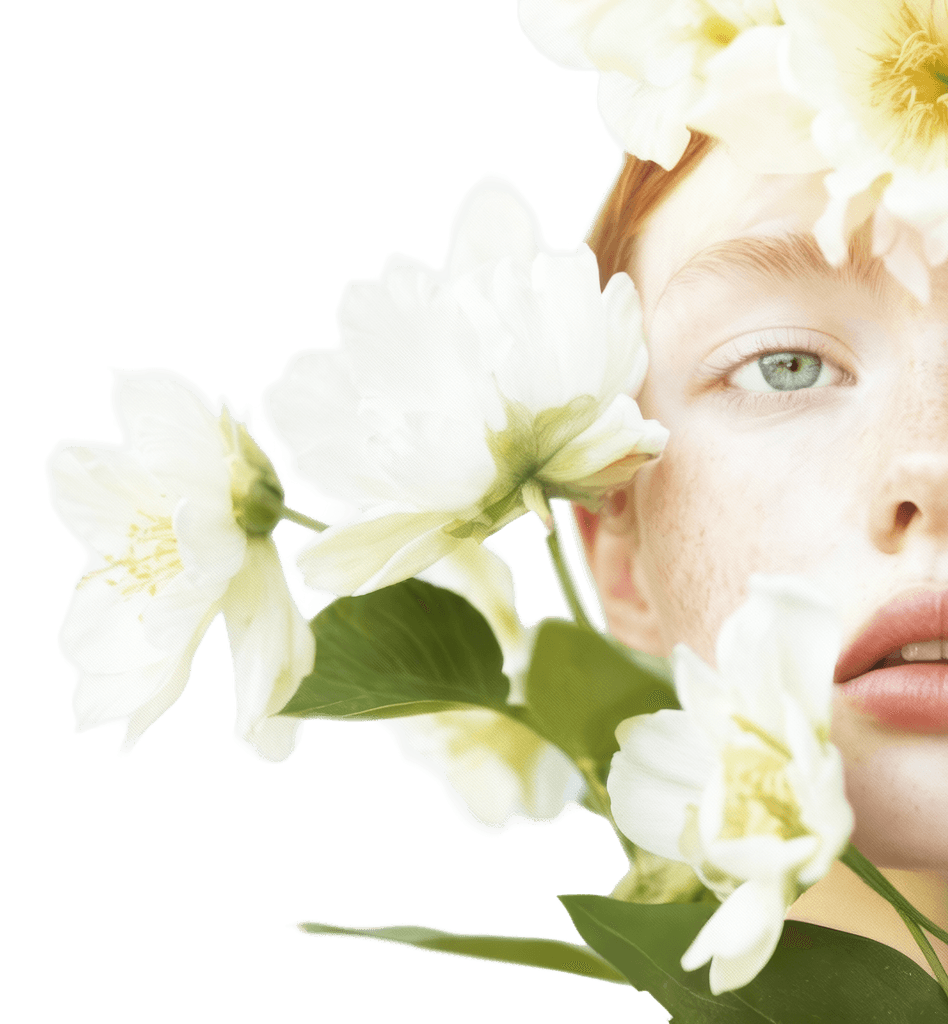 Woman with radiant skin surrounded by white jasmine flowers